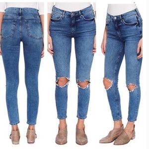 Free people mid rise skinny jeans with busted out ones in light wash, size 24